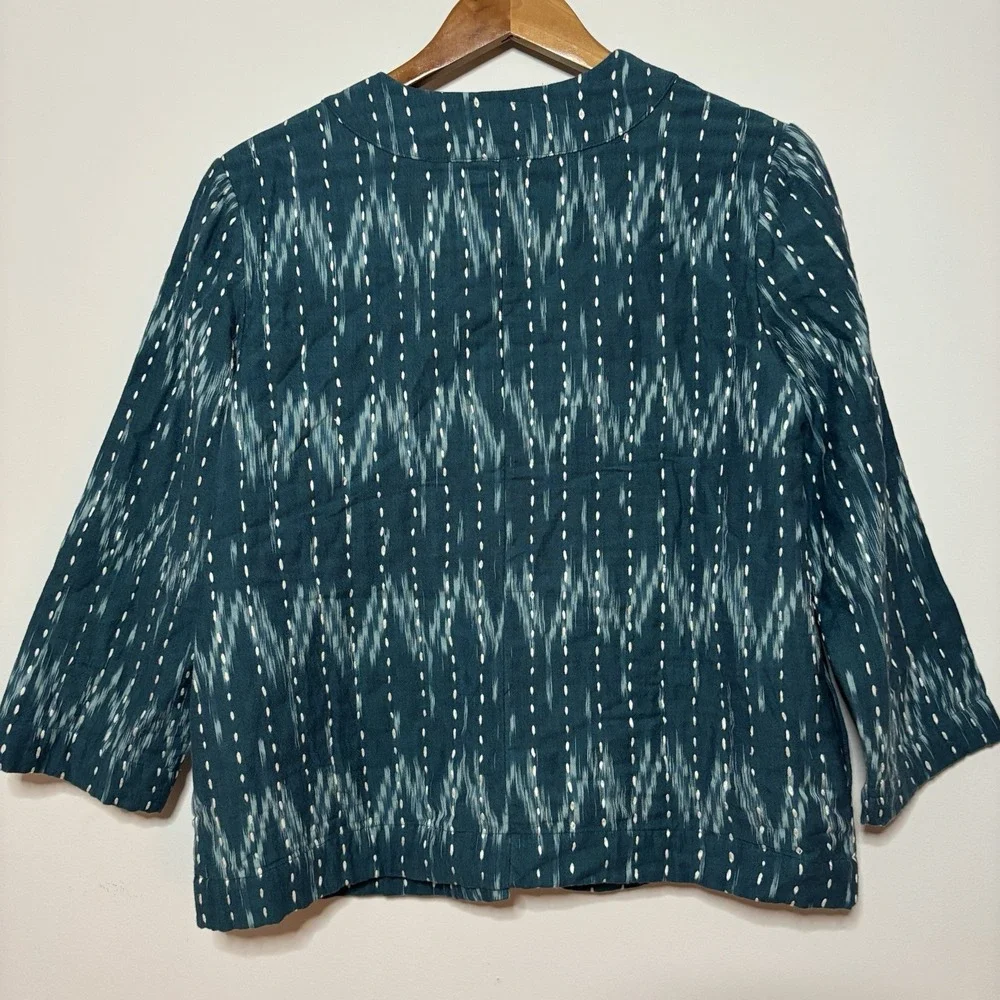 J. Jill Pure Jill Kantha Stitched Ikat Jacket Kimono Sari Open Front Teal Blue S